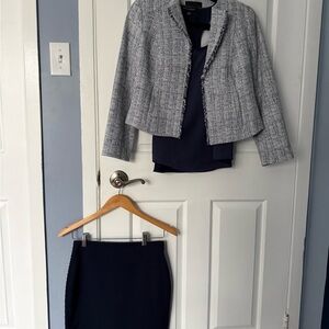 Banana Republic XS Petite Navy Dot Pencil Skirt, Tweed Blazer, Tank Top Blouse